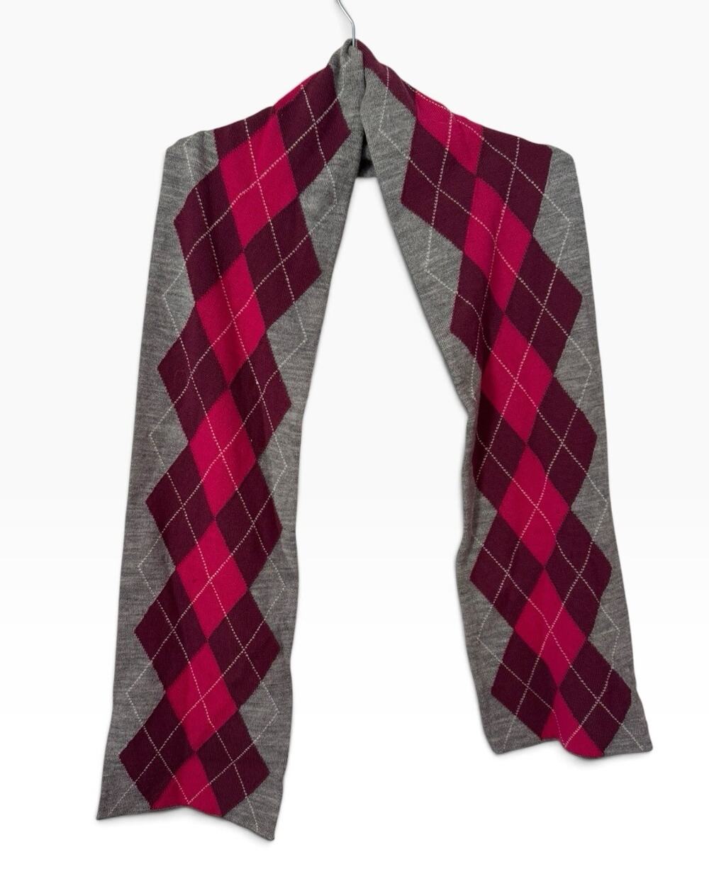 NWD J. Crew Gray Pink Argyle 100% Wool Rectangle Scarf